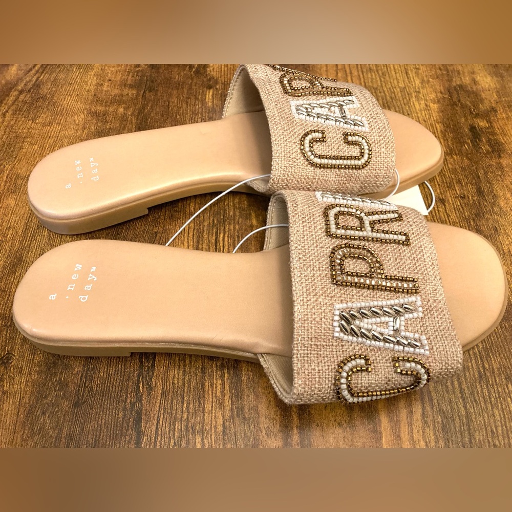 Women's Nehemia Beaded Canvas Slide Sandals - a New Day™ Tan Size 6.5 new - Picture 4 of 5